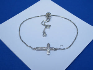 Cross Bracelet - 18K Bracelet - Bracelets, cubic zirconia pave sideways cross on an 18k adjustable bracelet, silver, gold or rose gold