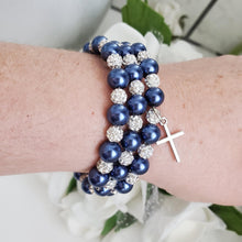 Load image into Gallery viewer, Handmade Pearl and Pave Crystal Rhinestone Multi Layer, Expandable, Wrap Cross Charm Bracelet, dark blue or custom color - Cross Bracelet - Religious Jewelry - Bracelets