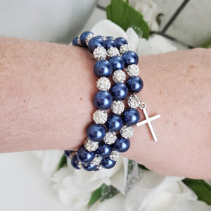 Handmade Pearl and Pave Crystal Rhinestone Multi Layer, Expandable, Wrap Cross Charm Bracelet, dark blue or custom color - Cross Bracelet - Religious Jewelry - Bracelets