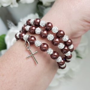 Handmade Pearl and Pave Crystal Rhinestone Multi Layer, Expandable, Wrap Cross Charm Bracelet, Chocolate brown or custom color - Cross Bracelet - Religious Jewelry - Bracelets
