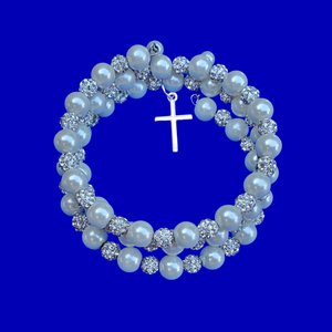 Cross Bracelet - Religious Jewelry - Bracelets - Pearl Crystal Multi Layer Expandable Wrap Cross Charm Bracelet, Ivory or custom color