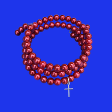 Load image into Gallery viewer, Cross Bracelet - Pearl Bracelet - Bracelets, handmade pearl expandable, multi-layer, wrap cross charm bracelet, bordeaux red or custom color