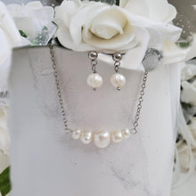 Load image into Gallery viewer, Handmade fresh water pearl bar necklace accompanied by a pair dangle stud earrings - Fresh Water Pearl Jewelry Set - Necklace And Earring Set