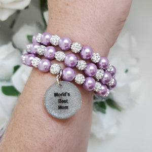 Handmade world's best mom ever pearl and pave crystal rhinestone multi-layer, expandable, wrap charm bracelet - lavender purple or custom color - #1 Mom Bracelet - Special Mother Gift - Mom Bracelet
