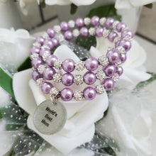 Load image into Gallery viewer, Handmade world&#39;s best mom ever pearl and pave crystal rhinestone multi-layer, expandable, wrap charm bracelet - lavender purple or custom color - #1 Mom Bracelet - Special Mother Gift - Mom Bracelet