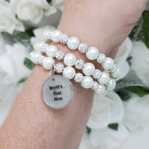 Handmade world's best mom pearl and pave crystal rhinestone multi-layer, expandable, wrap charm bracelet - ivory or custom color - #1 Mom Bracelet - Special Mother Gift - Mom Bracelet