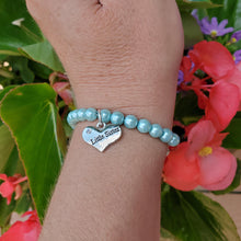 Load image into Gallery viewer, Handmade little sister pearl charm bracelet - aquamarine blue or custom color - Little Sister Pearl Bracelet - Sister Gift