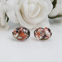 Load image into Gallery viewer, Flower Stud Earrings, Earrings, Oval Earrings - handmade resin oval stud earrings with lavender petals and rose gold flakes