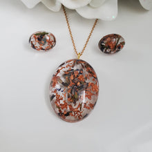 Load image into Gallery viewer, Flower Jewelry, Jewelry Sets, Necklace And Earring Set - Handmade resin oval necklace and earring jewelry set - lavender petals and rose gold flakes