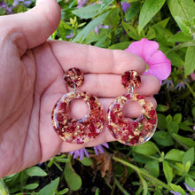 Load image into Gallery viewer, Handmade real flower long circular drop post earrings made with rose petals and gold leaf preserved in resin. - Long Earrings, Pink Earrings, Earrings