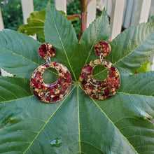 Load image into Gallery viewer, Handmade real flower long circular drop post earrings made with rose petals and gold leaf preserved in resin. - Long Earrings, Pink Earrings, Earrings