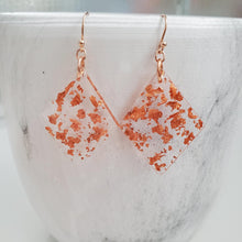 Load image into Gallery viewer, Long Earrings, Drop Earrings, Resin Earrings, Earrings - Handmade diamond shape resin drop earrings with rose gold flakes.