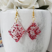 Load image into Gallery viewer, Long Earrings, Drop Earrings, Resin Earrings, Earrings - Handmade diamond shape resin drop earrings with pink flakes.
