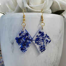 Load image into Gallery viewer, Long Earrings, Drop Earrings, Resin Earrings, Earrings - Handmade diamond shape resin drop earrings with blue flakes.