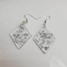 Load image into Gallery viewer, Long Earrings, Drop Earrings, Resin Earrings, Earrings - Handmade diamond shape resin drop earrings with silver flakes.