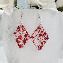 Load image into Gallery viewer, Long Earrings, Drop Earrings, Resin Earrings, Earrings - Handmade diamond shape resin drop earrings with red flakes.