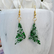 Load image into Gallery viewer, Long Earrings - Triangular Earrings - Earrings - Handmade resin triangular drop earrings with green flakes