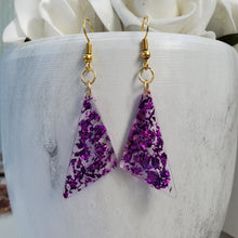 Load image into Gallery viewer, Long Earrings - Triangular Earrings - Earrings - Handmade resin triangular drop earrings with purple flakes