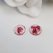 Load image into Gallery viewer, Round Earrings, Post Earrings, Resin Earrings, Earrings - handmade resin round stud earrings with pink flakes