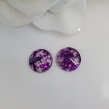 Load image into Gallery viewer, Round Earrings, Post Earrings, Resin Earrings, Earrings - handmade resin round stud earrings with purple flakes