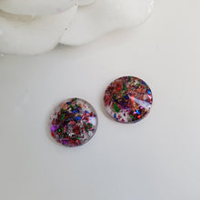Load image into Gallery viewer, Round Earrings, Post Earrings, Resin Earrings, Earrings - handmade resin round stud earrings with multi-color flakes
