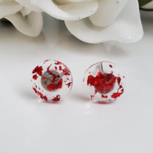 Load image into Gallery viewer, Round Earrings, Post Earrings, Resin Earrings, Earrings - handmade resin round stud earrings with red flakes