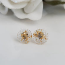 Load image into Gallery viewer, Handmade circular druzy stud earrings made with gold leaf preserved in clear resin. Custom color - Round Earrings-Druzy Earrings-Resin Earrings-Earrings