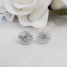 Load image into Gallery viewer, Handmade circular druzy stud earrings made with silver leaf preserved in clear resin. Custom color - Round Earrings-Druzy Earrings-Resin Earrings-Earrings