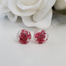 Load image into Gallery viewer, Handmade circular druzy stud earrings made with pink leaf preserved in clear resin. Custom color - Round Earrings-Druzy Earrings-Resin Earrings-Earrings