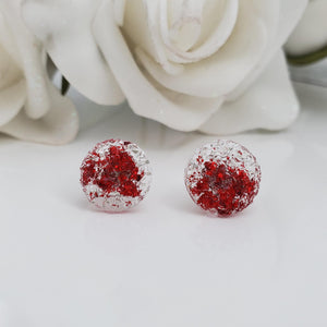 Handmade circular druzy stud earrings made with red leaf preserved in clear resin. Custom color - Round Earrings-Druzy Earrings-Resin Earrings-Earrings