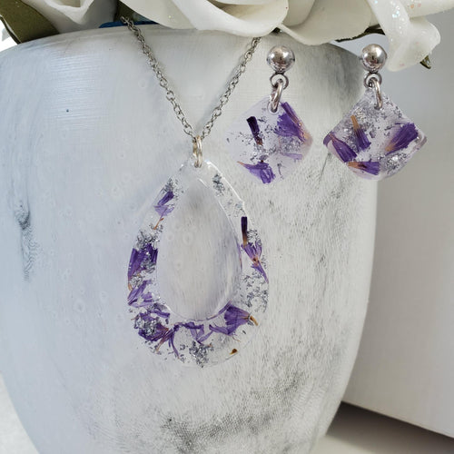 Handmade real flower teardrop pendant necklace accompanied by a pair of shell shape stud drop earrings made with purple statice and silver flakes preserved in resin. - Jewelry Sets, Flower Jewelry, Purple Jewelry