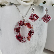 Load image into Gallery viewer, Handmade real flower oval pendant necklace accompanied by a pair of shell shape stud earrings made with red rose petals and silver leaf preserved in resin. - Pink Jewelry, Jewelry Sets, Flower Jewelry