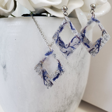 Load image into Gallery viewer, Handmade real flower resin diamond shape drop necklace and earring jewelry set made with blue cornflower and silver flakes. - Flower Jewelry, Bridal Sets, Jewelry Sets