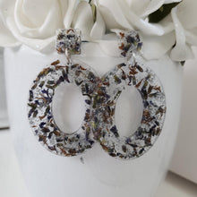 Load image into Gallery viewer, Handmade real flower long oval post earrings made with lavender petals and silver flakes preserved in resin. - Long Earrings, Purple Earrings, Flower Stud Earrings