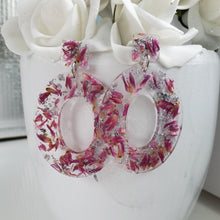 Load image into Gallery viewer, Handmade real flower long oval post earrings made with red clover flowers and silver flakes preserved in resin. - Long Earrings, Purple Earrings, Flower Stud Earrings