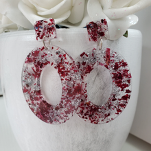 Load image into Gallery viewer, Handmade real flower long oval post earrings made with rose petals and silver flakes preserved in resin. - Long Earrings, Purple Earrings, Flower Stud Earrings