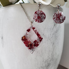 Load image into Gallery viewer, Handmade real flower diamond shape pendant necklace accompanied by a pair of circular post earrings made with rose petals and silver leaf preserved in resin. - Bridal Jewelry, Pink Jewelry, Jewelry Sets