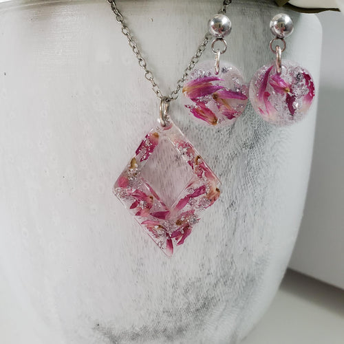 Handmade real flower diamond shape pendant necklace accompanied by a pair of circular post earrings made with red clover flowers and silver leaf preserved in resin. - Bridal Jewelry, Pink Jewelry, Jewelry Sets
