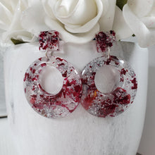 Load image into Gallery viewer, Handmade real flower circular stud drop earrings made with rose petals and silver leaf preserved in resin. - Long Earrings, Blue Earrings, Dangle Earrings