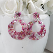 Load image into Gallery viewer, Handmade real flower circular stud drop earrings made with red clover flowers and silver leaf preserved in resin. - Long Earrings, Blue Earrings, Dangle Earrings