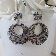 Load image into Gallery viewer, Handmade real flower circular stud drop earrings made with lavender petals and silver leaf preserved in resin. - Long Earrings, Blue Earrings, Dangle Earrings