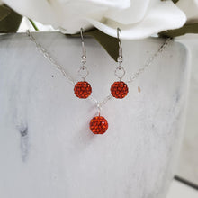 Load image into Gallery viewer, Handmade pave crystal rhinestone drop necklace accompanied by a matching pair of earrings - hyacinth (orange) or custom color - Crystal Necklace Set - Rhinestone Jewelry Set