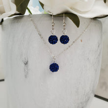 Load image into Gallery viewer, Handmade pave crystal rhinestone drop necklace accompanied by a matching pair of earrings - capri blue or custom color - Crystal Necklace Set - Rhinestone Jewelry Set