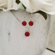 Load image into Gallery viewer, Handmade pave crystal rhinestone drop necklace accompanied by a matching pair of earrings - light siam (red) or custom color - Crystal Necklace Set - Rhinestone Jewelry Set