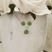 Load image into Gallery viewer, Handmade pave crystal rhinestone drop necklace accompanied by a matching pair of earrings - peridot or custom color - Crystal Necklace Set - Rhinestone Jewelry Set