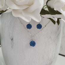 Load image into Gallery viewer, Handmade pave crystal rhinestone drop necklace accompanied by a matching pair of earrings - light sapphire (blue) or custom color - Crystal Necklace Set - Rhinestone Jewelry Set