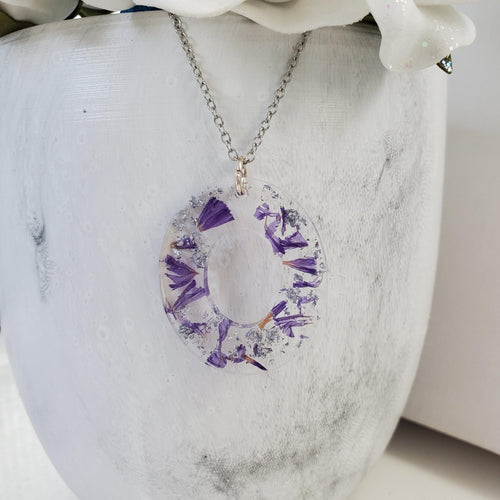 Handmade real flower oval pendant necklace made with purple statice and silver flakes preserved in resin. - Purple Necklace, Flower Necklace, Pendant Necklace