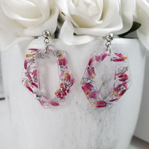 Handmade real flower irregular shape stud drop earrings made with red clover flowers and silver leaf preserved in resin. - Flower Earrings, Rose Earrings, Flower Jewelry