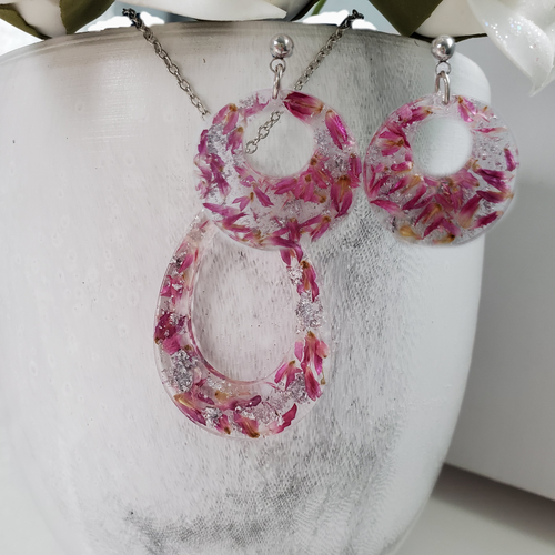 Handmade real flower teardrop necklace accompanied by a pair of circular drop post earrings made with red clover flowers and silver leaf preserved in resin. - Necklace And Earring Set, Bridal Sets, Flower Jewelry