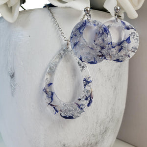 Handmade real flower teardrop pendant accompanied by a pair of circular stud earrings made with blue cornflower and silver leaf preserved in resin. - Flower Jewelry, Jewelry Set, Bridal Sets